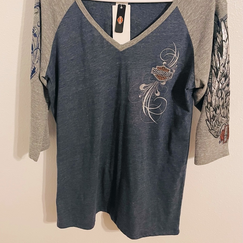 Harley Davidson Gilded Triblnd Wings Raglan Sleeve Color gray/blue Size XL